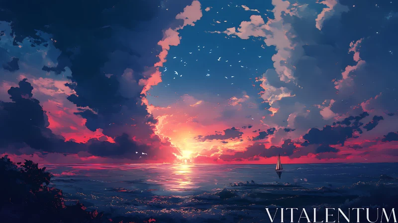 Sunset sky illuminates ocean horizon with distant sailboat