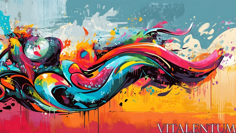 Sweeping neon ribbons over bold abstract urban field.