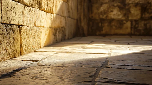 Golden light tracing old stone floor and quiet walls.