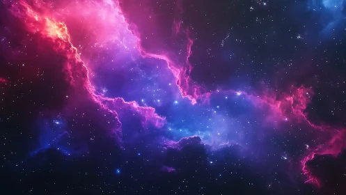 Vibrant pink and blue nebula cuts glowing path through stars