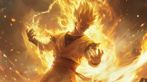 Blazing warrior ascends in a storm of golden power.