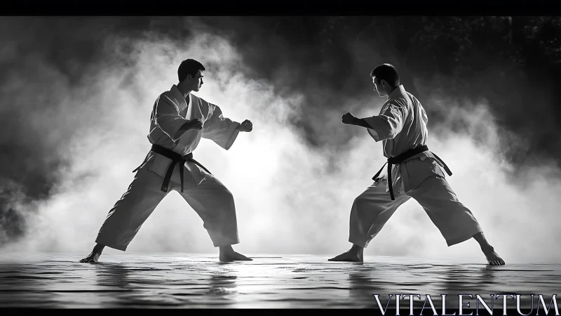 Karate partners squaring off in calm swirling mist.