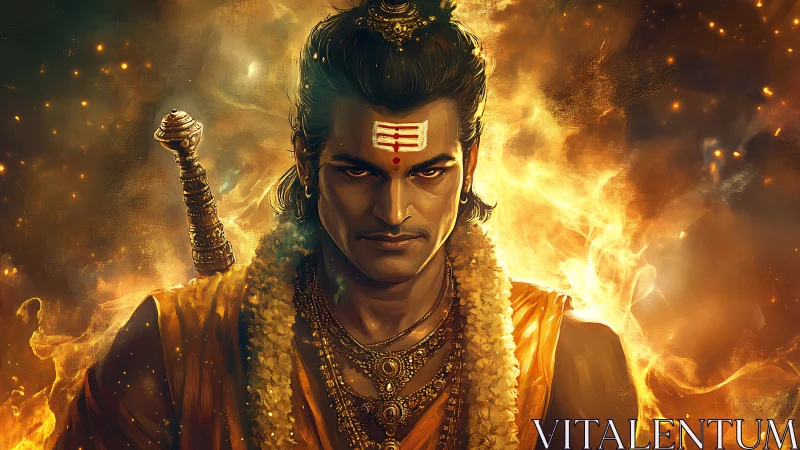 Warrior priest stands within blazing golden firestorm.