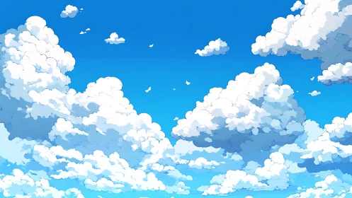 Cumulus cloudscape under saturated blue summer sky.