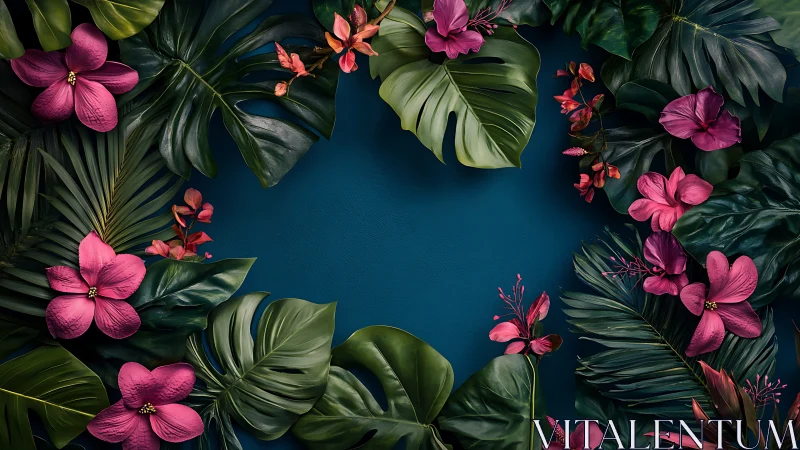 Tropical Floral Arrangement on Deep Blue Background.