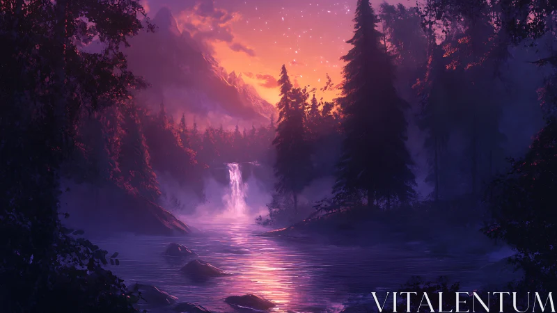 Luminescent Waterfall in Twilight Forest Canyon Setting.