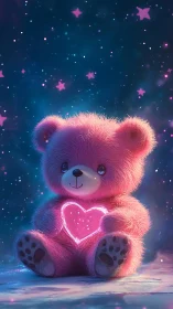 Pink plush bear sits holding glowing heart in starry scene