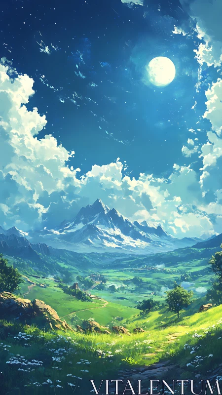 Digital painting landscape with moonlit alpine valley perspective.