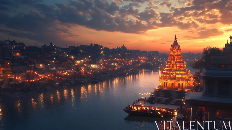 Illuminated riverside temple glows against a densely lit city at dusk