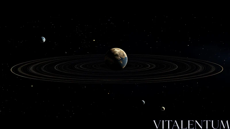 Ringed Earth drifts through deep space with distant moons.