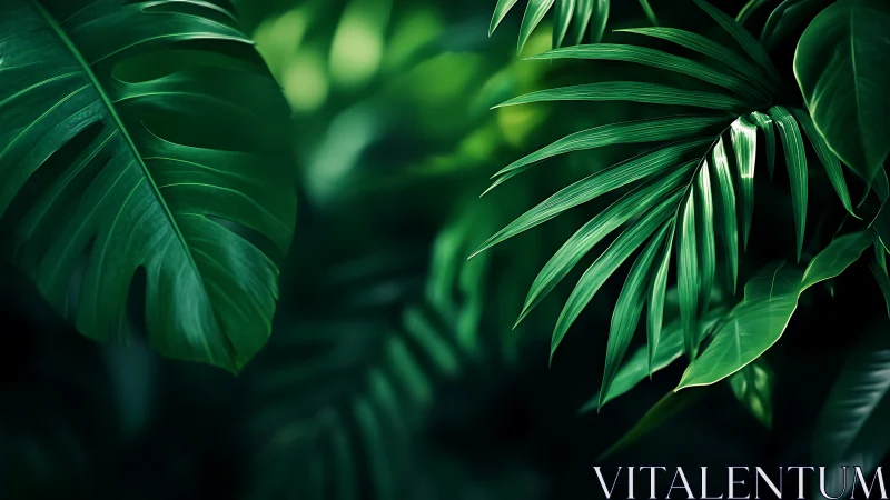 Close view of layered tropical leaves in deep green tones.