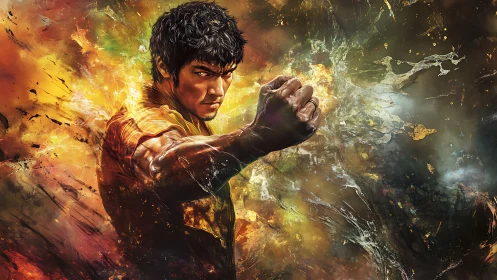 Martial artist in explosive motion with dynamic fiery stroke.