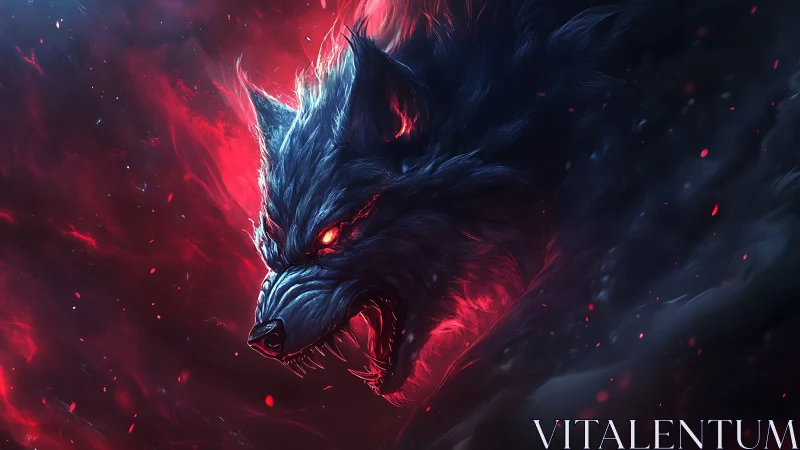Starlit hellfire wolf erupts from crimson cosmic storm.