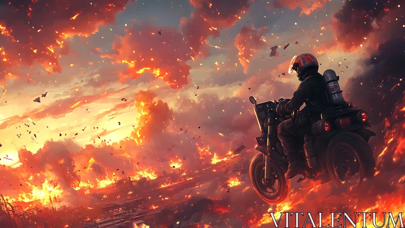 Motorcyclist traversing incendiary sky above burning cityscape