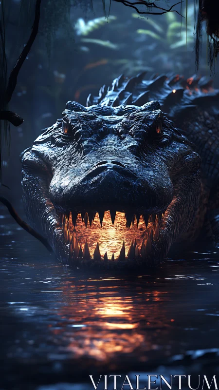 Cinematic 3D reptilian predator with molten-lit jaws in swamp.