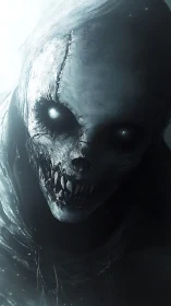 Backlit skeletal wraith portrait with bioluminescent eye cores