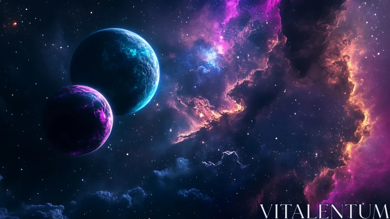 Twin neon planets drift close to a storm of violet nebulae