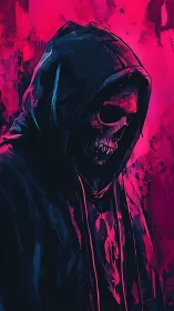 Hooded neon reaper emerging from vivid magenta void.