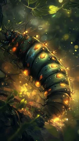 Bioluminescent forest larva with articulated armored segments.
