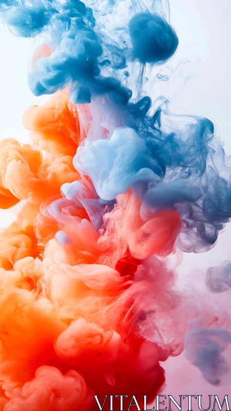 Colored ink clouds in translucent liquid vertical composition.