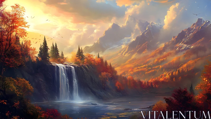 Golden mountain waterfall wrapped in glowing autumn light.