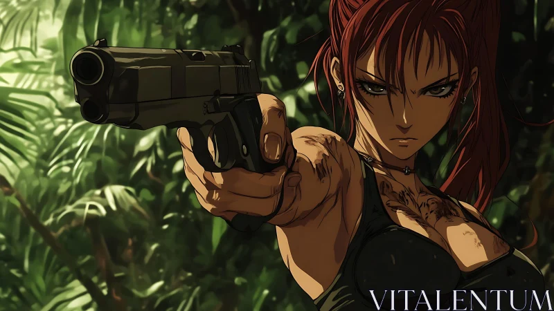 Armed redhead operative aiming handgun in dense jungle.