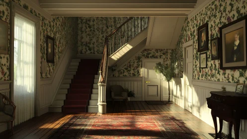 Sunlit floral hallway cradles a quiet, memory-rich staircase.