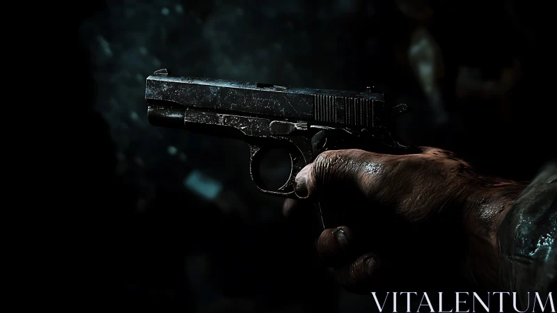 Close-up of a worn handgun held in a rough human hand.