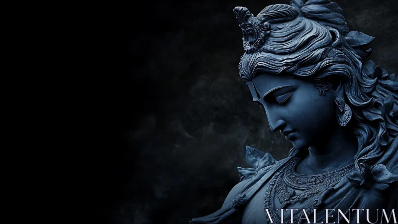 Blue stone deity bust in dramatic side profile portrait.