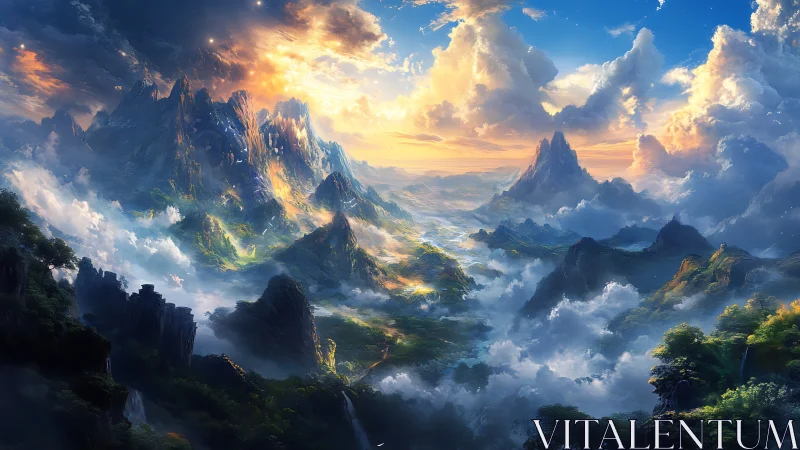 Sunlit fantasy peaks rising above a peaceful cloud valley.