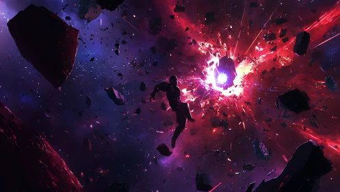 Armored astronaut drifts through high-energy cosmic explosion field