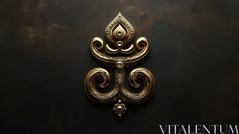 Golden ornamental emblem glowing on a deep dark backdrop.