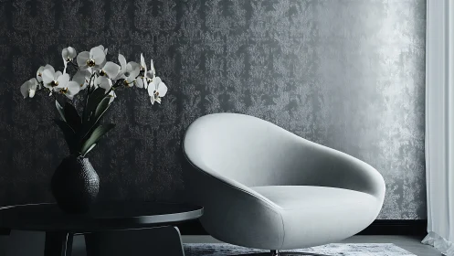 Curved white lounge chair softens a dark textured corner.