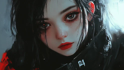 Midnight-eyed rebel girl in crimson-lit digital silence.