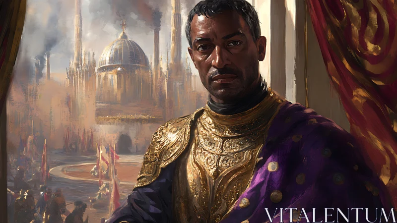 Imperial commander in gilded armor oversees burning citadel