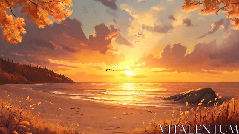 Autumn shoreline sunset with golden clouds and warm surf glow.