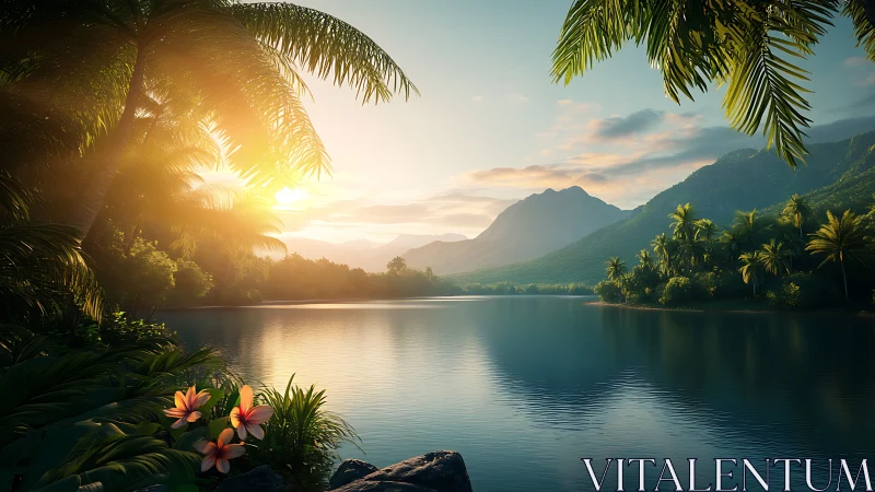 Sunlit tropical lagoon mirrors misty mountains at dawn.