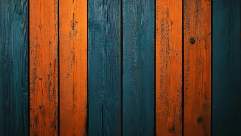 Alternating teal and orange painted planks form textured panel