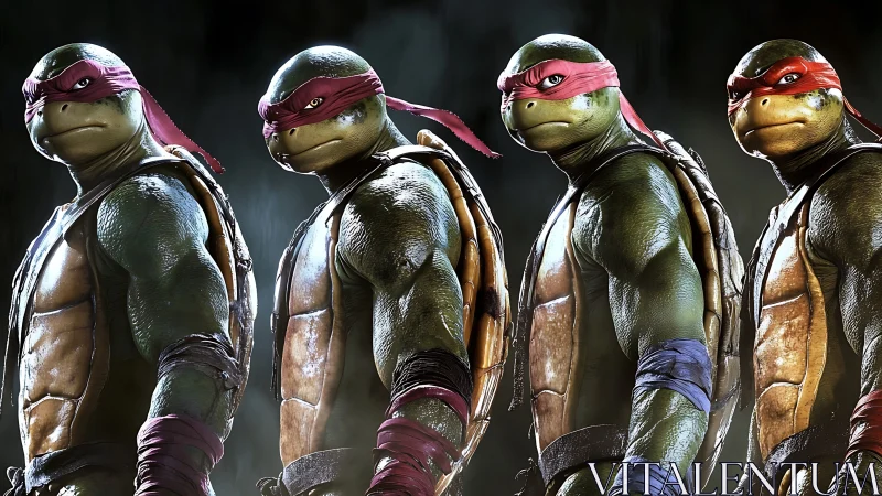 Mutant turtle warriors stand aligned in cinematic spotlight.
