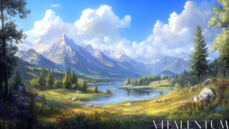Bright alpine valley with lake under towering mountains.