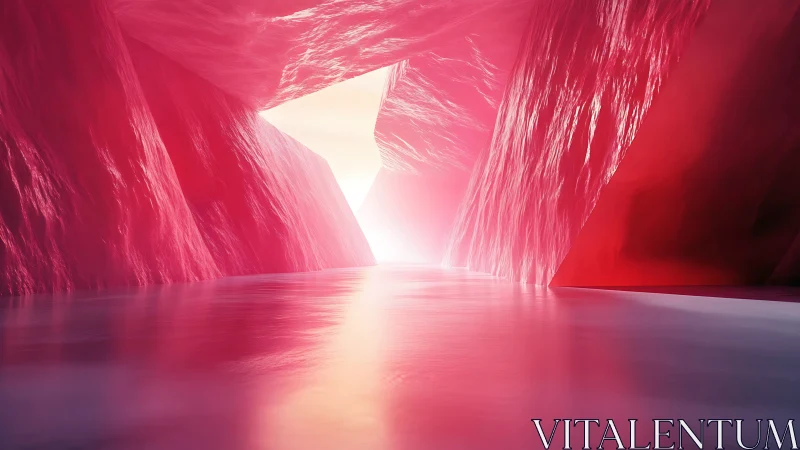 Luminous pink canyon passage with reflective waterway glow.