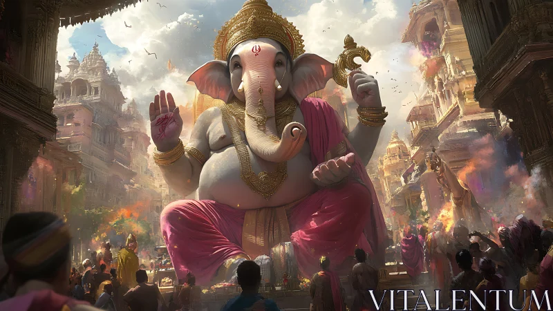 Majestic Ganesha deity towers above vibrant temple city.