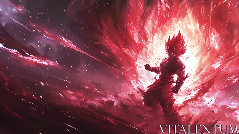 Red energy-cloaked humanoid figure in explosive backdrop.