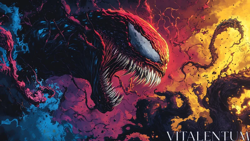 Symbiotic creature lunges amid high-contrast chromatic chaos