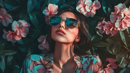 Woman wearing sunglasses lies among pink flowers and leaves