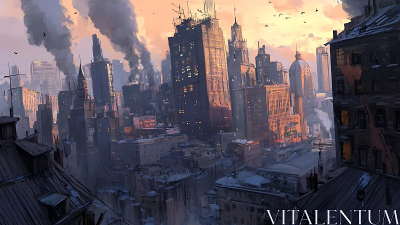 Digital painting of smoky winter industrial megacity skyline.