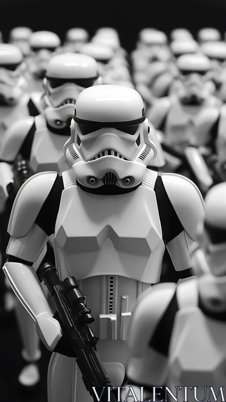 Stormtrooper formation stands in rigid monochrome precision.