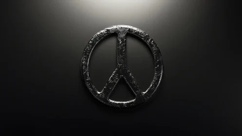 Metallic peace symbol on dark gradient illuminated background.