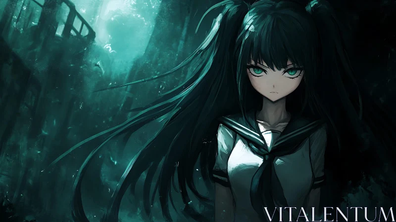 Defiant anime schoolgirl in dark flooded urban ruins.