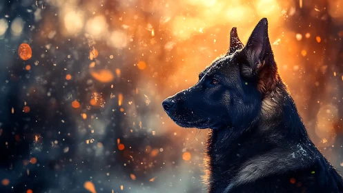 Luminous winter portrait of alert dog in embered snowfall.